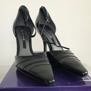Women's black leather strap heels